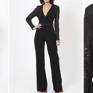 Tuxedo Sequin Sleeve Jumpsuit